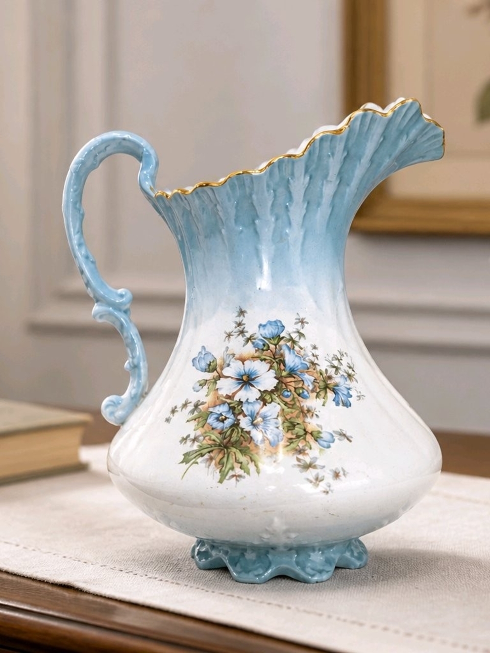 Vtg 30-50s Berkley Pottery Large Blue Hand Painted Floral Pitcher with Gold Trim